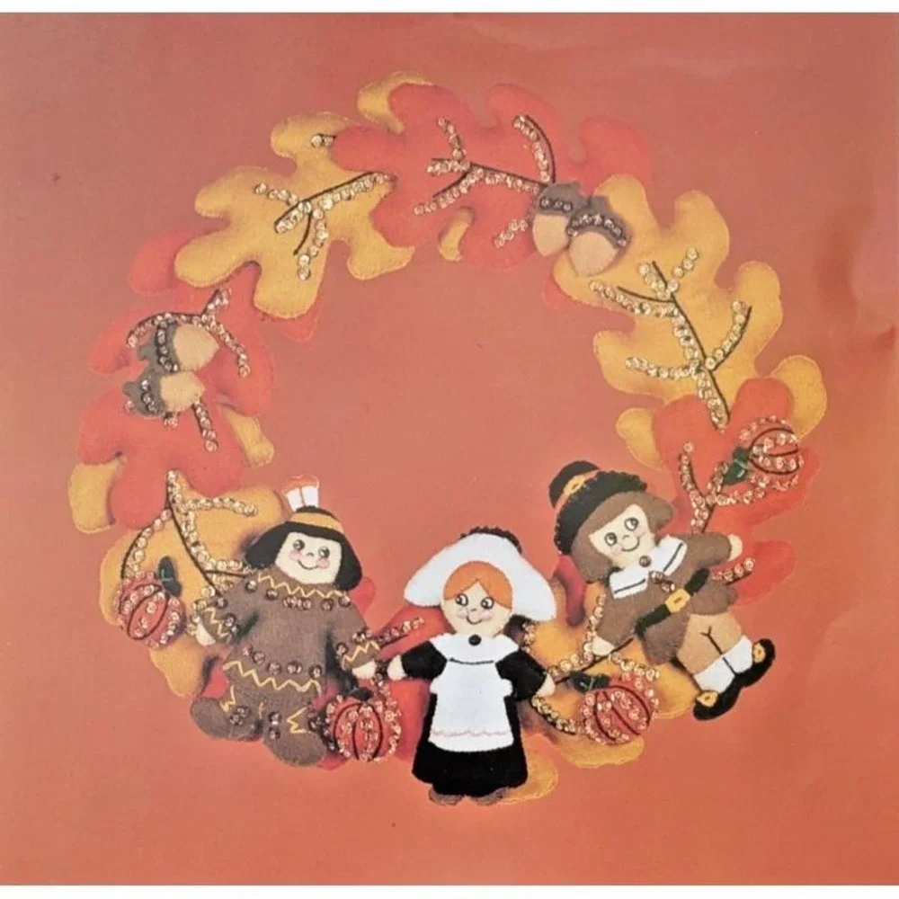 Vintage 1990 Bucilla Felt Lil Pilgrim Wreath Kit 40410 Thanksgiving Fall DIY 13